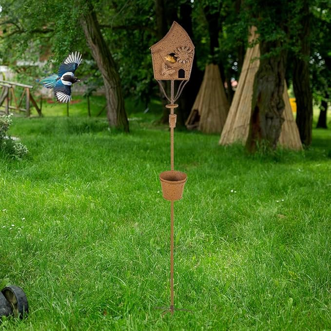 49" Bird Houses for Outside with Pole, Outdoor Metal Birdhouse with Tapered Bucket for Patio, Yard, Garden, Rust-Colored