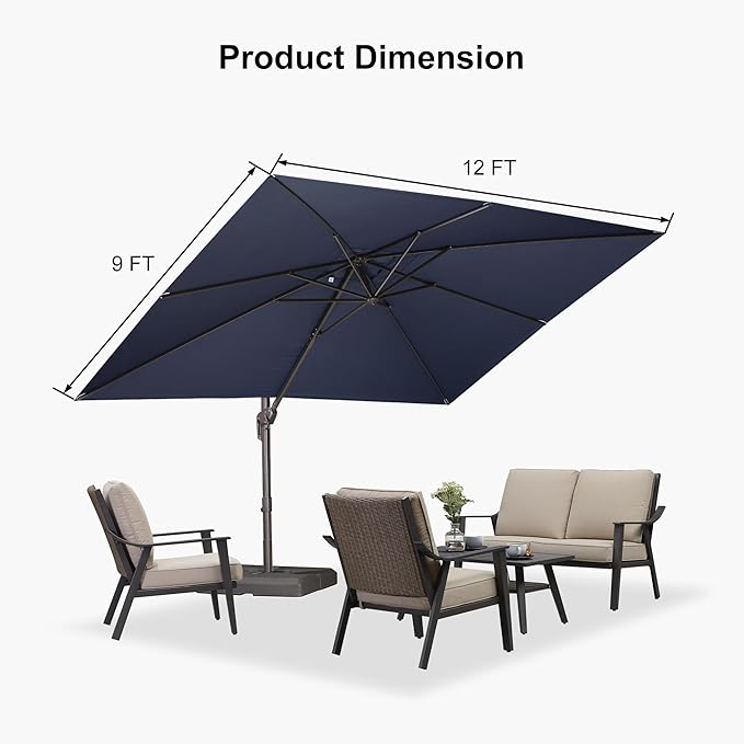 PURPLE LEAF 9' X 11.5' Rectangle Cantilever Umbrella with Base Patio Umbrella Outdoor Aluminum Offset Hanging Umbrella with 360-degree Rotation for Pool Garden Backyard Deck, Navy Blue