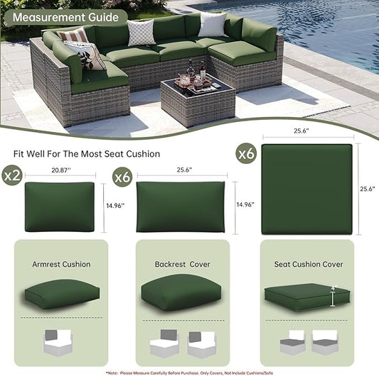 Aoxun 14pcs Patio Cushion Covers Replacement, Waterproof Outdoor Furniture Cushion Covers with Zipper and Non-Slip Bottom, Patio Sofa Couch 3 Sizes for Patio Sectional, Covers Only (Green)