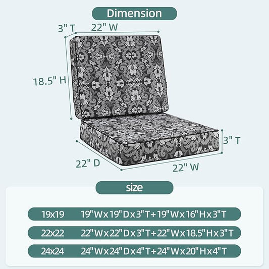 Favoyard Deep Seat Patio Cushion 22 x 22 x 3 in Waterproof Seat & Back Cushion Set with Color Fade Resisitant Pattern, Portable Handle, Attach Straps, Zipper on Removable Cover for Outdoor Furniture