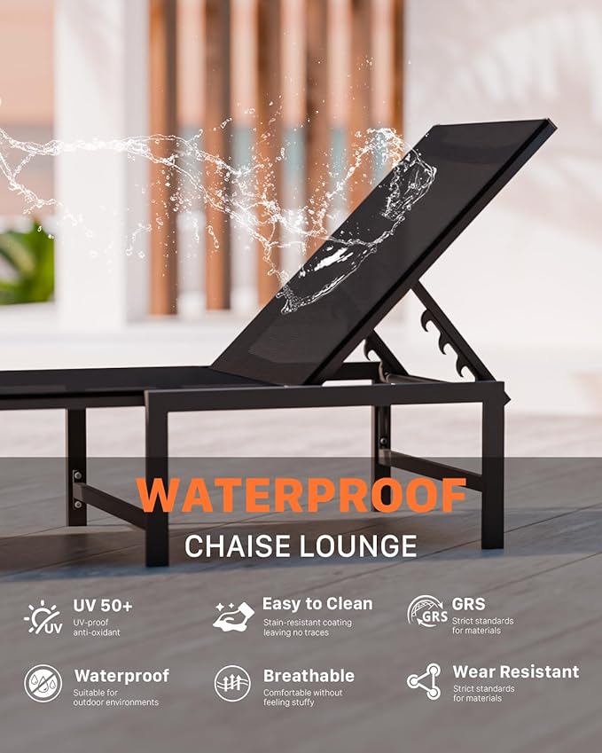 Chaise Lounge Chair Outdoor,Aluminum Patio Lounge Chairs,Lounge Chairs with 5 Adjustable Backrest and Headrest Pillows for Outside Beach,Black