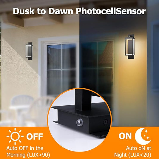 Outdoor Wall Sconce, Dusk to Dawn Outdoor Wall Lights, Waterproof Porch Lanterns Decorative, Anti-Rust Exterior Light in Wood Grain Finish & Black Finish for House Patio Garage Entryway Doorway