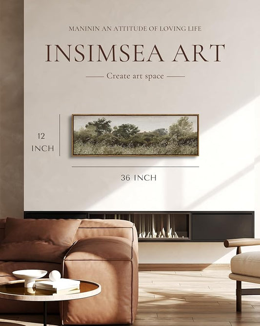 InSimSea Extra Large Framed Vintage Wall Art, Living Room Country Farmhouse Decor, Grassland Landscape Paintings, Canvas Prints, Retro Scenery Long Picture for Bedroom Above of Bed,12x36inch