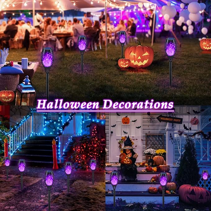 KYEKIO Halloween Decorations Outdoor, 12Pack Purple Solar Halloween Lights, Solar Torch Lights with Flickering Flame for Garden Decor, Waterproof Outdoor Lighting, Scary Torches for Yard Lawn Pathway