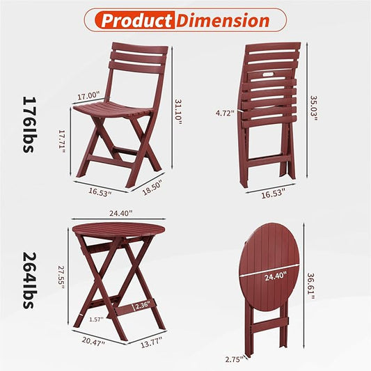 3 Piece Patio Bistro Sets, Red, Foldable Patio Set, Bistro Table and Chairs, 2 Plastics Folding Chairs and Round Table for Outdoor Balcony, Porch, Lawn, Garden, Patio