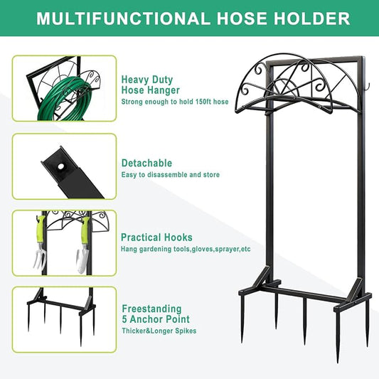 Garden Hose Holder, Detachable Metal Hose Holder for Outside, Rustproof Heavy-Duty Freestanding Water Hose Hanger Rack Holds Up to 150Ft Hose for Yard, Lawn