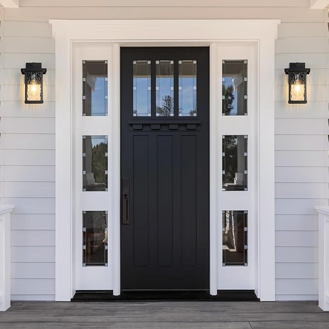 Outdoor Wall Light Fixtures, Modern Exterior Wall Mount Lanterns, Outside Wall Sconces in Black Finish with Water Ripple Glass for Porch Patio Farmhouse, 2-Pack