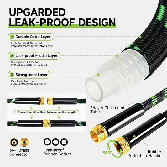Garden Hose 50 ft Flexible Water Hose Non-Expanding Lightweight Kink-Free Hoses Durable Leak-Proof High Pressure Pipe with 3/4” Brass Fitting 10 Function Nozzle for Outdoor Yard Lawn Car Wash