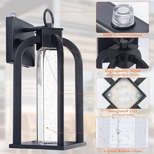Dusk to Dawn LED Outdoor Wall Light, 14" Black Wall Lantern with Crystal Bubble Glass, Exterior Light Fixture with Photocell Sensor, IP65 Waterproof Anti Rust Outdoor Lighting for House, Garage, Porch