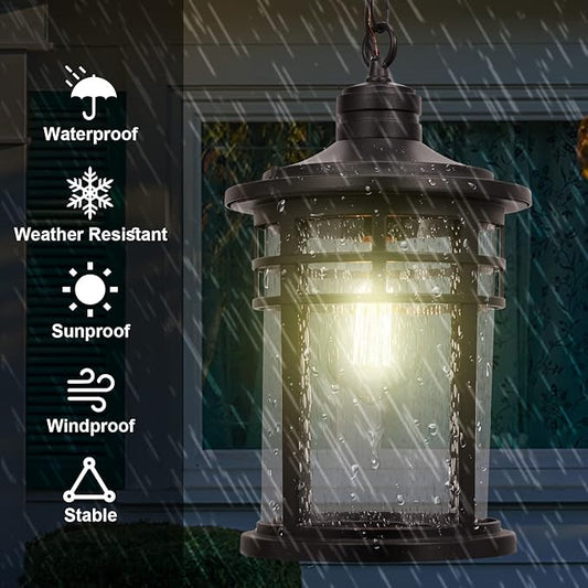 Darkaway Large Outdoor Pendant Lights, 15inch Outdoor Chandelier Hanging Porch Lights Outside Ceiling Mount Aluminum with Seeded Glass for Front Door Gazebo Patio (Large, Black)