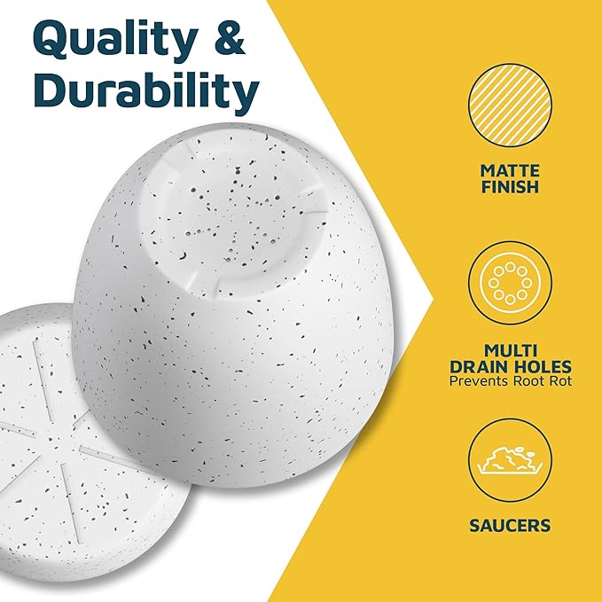 White Gray Plant Pots with Drainage Holes & Saucers 20 Pack, Indoor & Outdoor Stackable Space-Saving Planters for Houseplants & Flowers, (7", 6.7", 6", 5.3", and 4.8" Inches), Durable & Weatherproof
