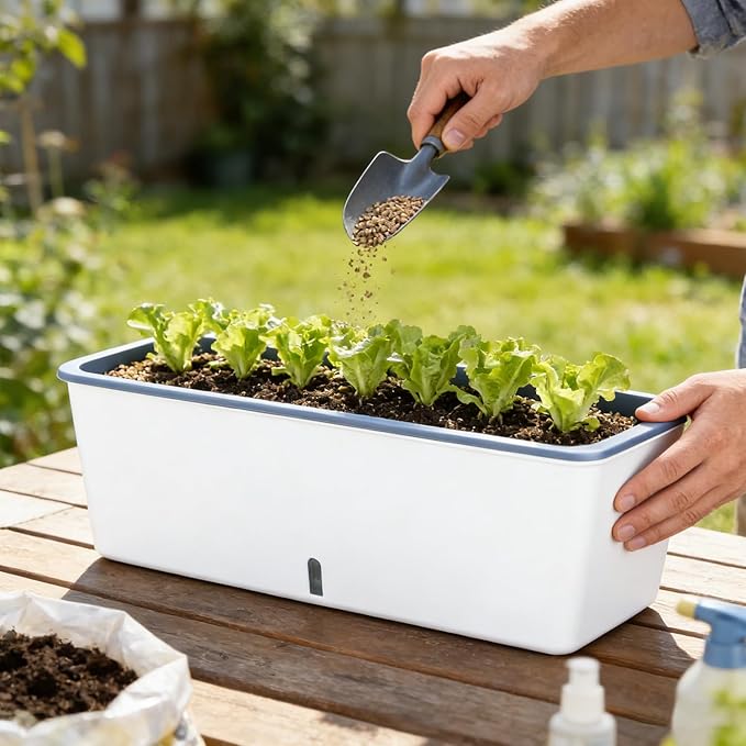 4 Pack Rectangular Planter 17 x 4.5 in Self Watering Planter Window Sill Planters Indoor Rectangle Planter Self Watering Pots Plastic Plant pots with Drainage Holes White Flower Pot Indoor