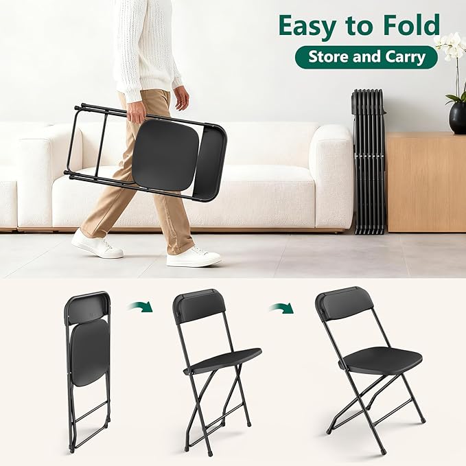 6 Pack Black Plastic Folding Chairs, Outdoor Portable Folding Chair with Steel Frame, 350lbs Capacity Stackable Foldable Chairs for Patio, Garden, Picnic, Kitchen, Events