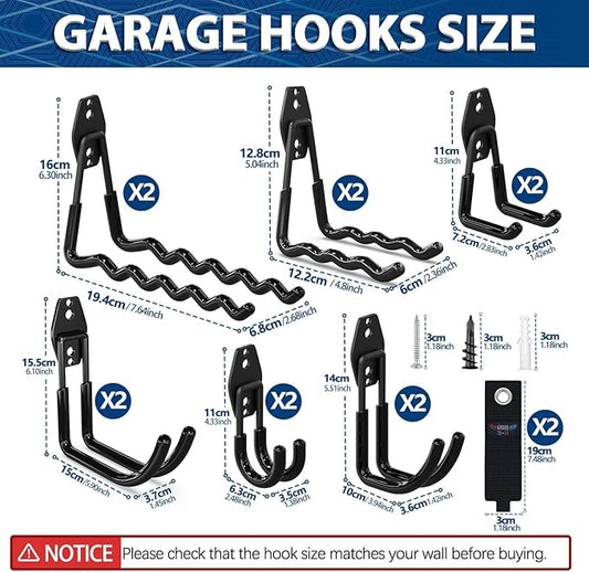 3-H Garage Wall Hooks 28 Pack, Garage Hooks Heavy Duty with Extra Welding Spots, Wall Mount Storage Organizer for Hanging Garden Lawn Tools, Ladder, Bike, WeedEater, Chair, Shovel, Blower (Black)