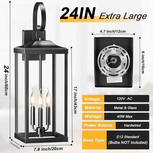 24" Extra Large Outdoor Wall Light for House, Black 3-Light Waterproof Exterior Porch Lamp Wall Mount, Modern Outside Wall Sconce Coach Light with Clear Glass, E12, 1-Pack
