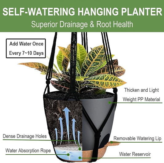 Bouqlife 3 Pack Self Watering Hanging Planters Macrame Plant Hangers with Indoor Flower Pots, 3 Different Size Hanging Basket, Plant Hanger with Hooks for Garden Home Decor Black