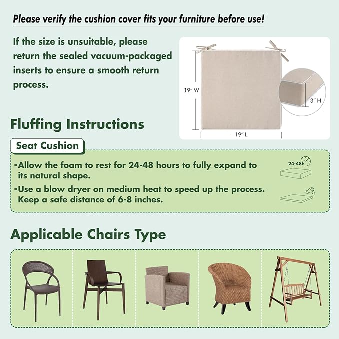 MIULEE Beige Outdoor Chair Cushions Set of 2, 19x19x3 Inch Waterproof Patio Seat Cushions for Outdoor Furniture Couch Sofa, 3 Year Color Fastness High Density Foam with Adjustable Ties