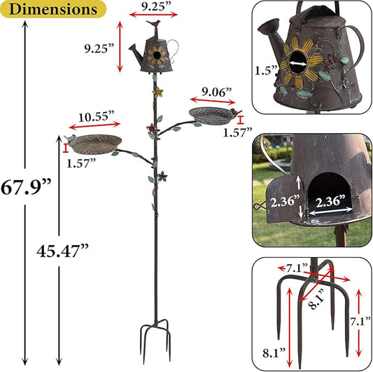 Bird Baths and Houses for Outside with Pole, 3-in-1 Bird Bath, House & Feeder with Metal Stake, 67.9" Tall Free Standing Birds Feeders Birdhouses for Outdoors with 4-Prong Stake