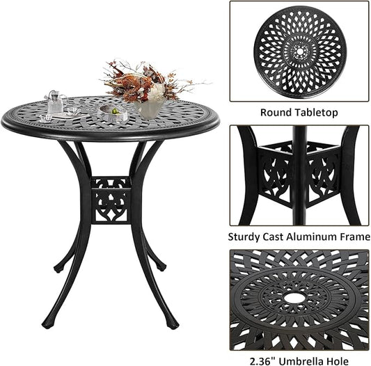 3 Piece Outdoor Dining Set,Cast Aluminum Bistro Set with Umbrella Hole, All Weather Patio Furniture Set, Small Patio Dining Set for Garden/Balcony/Deck, Black
