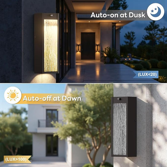 Dusk to Dawn LED Outdoor Wall Light 2 Pack, Bronze 15in Exterior Waterproof Porch Sconces, Large Modern Water Rippleed Outdoor Lighting Wall Mounted Outside Lantern for Garage Front Door