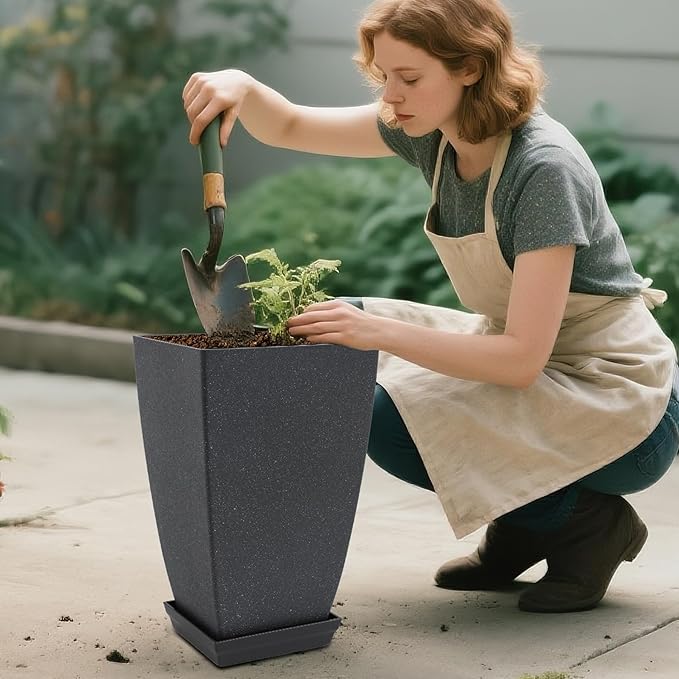 Set of 2 Tall Planter, 21 inch Large Plastic Planter with Drain Hole & Saucers, Large Outdoor Planters for Porch, Garden, Patio, Balcony(Lead Gray)