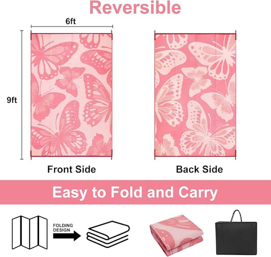 Anidaroel Pink Butterfly Outdoor Rug 6'X9' for Patios Waterproof Clearance, Reversible Plastic Straw Outside Rug, Outdoor RV Camping Rugs for Backyard, Beach, Camper, Pool Deck (Pink,6‘X9')