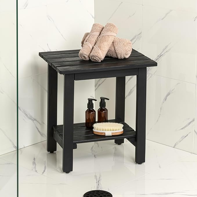 JONATHAN Y END6001B Kellie 16.1" Cottage Classic Slatted Solid Acacia Wood Indoor/Outdoor Side Table with Shelf for Patio, Garden, Bathroom, Living Room, Black