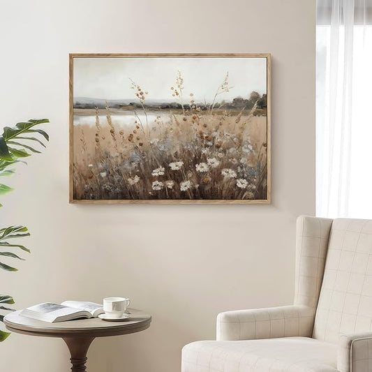 Vintage Canvas Wall Art Flowers Wall Decor Landscape Countryside Wildflowers Oil Painting Farmhouse Picture Modern Print Rustic Floral Prints Living Room Bedroom Bathroom 12x16 Inch Framed