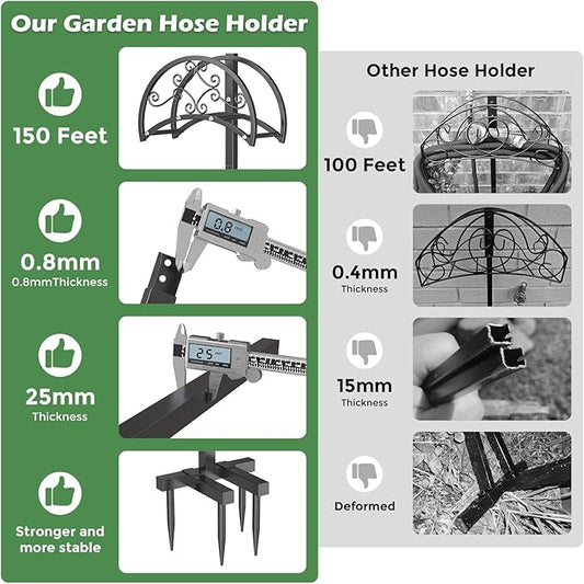 OLV Garden Hose Holder, Heavy Duty Metal Outdoor Water Hose Holder Freestanding Stake with 4 Spikes Holds 150-ft Pipe, Detachable Decorative Hose Stand Hanger Rack for Outside Yard Lawn Farm