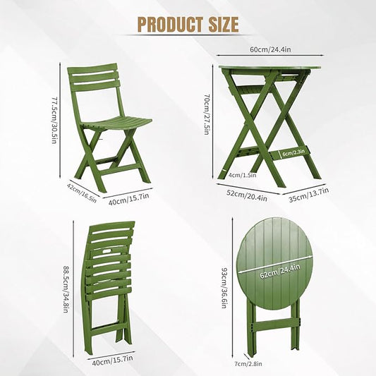 3 Piece Patio Bistro Sets, Green, Foldable Patio Set, Bistro Table and Chairs, 2 Plastics Folding Chairs and Round Table for Outdoor Balcony, Porch, Lawn, Garden, Patio