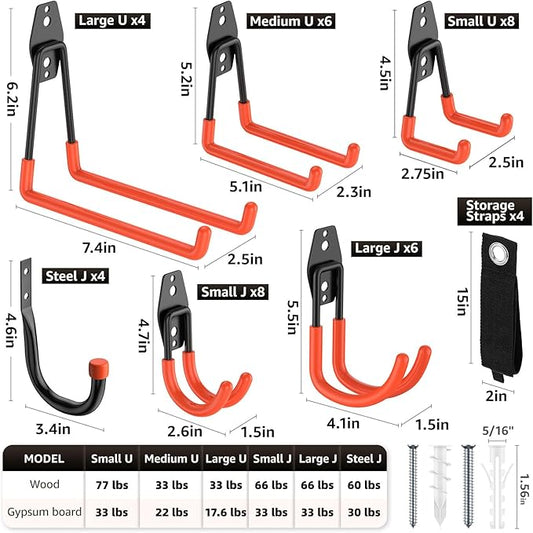 40 Pack Garage Hooks, Heavy Duty Steel Wall Mount Utility Hangers with Anti-Slip Coating for Hanging Bikes, Ladders, Power Tools, and Garden Equipment