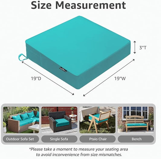 PatioGlow Outdoor Chair Cushions 19 x 19 x 3 Inch, Waterproof & Fade Resistant Patio Seat Cushion for Furniture with Handle and Ties, Thick Seating Pads for Outside Sofa Couch Set of 2, Teal