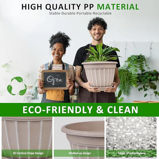 FGstyle 4 Pack 16 inch Plant Pots, Retro Vertical Stripe Planters with Drainage Holes and Saucer, Sturdy Plastic Garden Flower Pots for Indoor & Outdoor Plants(Beige)