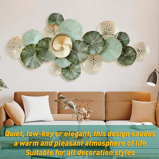 edaknez Metal Wall Art Decor, Large Metal Wall Art, 3D Flower Leaves Wall Decor, Modern Lotus Decoration for Indoor Outdoor Living Room Bedroom, Green & Gold (C 135x64x6cm)