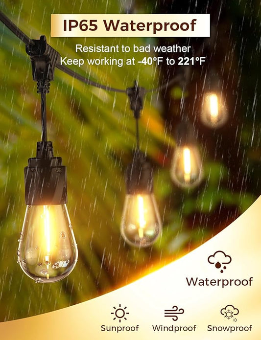XMCOSY+ 48FT Outdoor String Lights Waterproof - LED Patio Hanging Lights for Outside Porch Backyard Gazebo Garden, Commercial Grade 16 Edison Bulbs