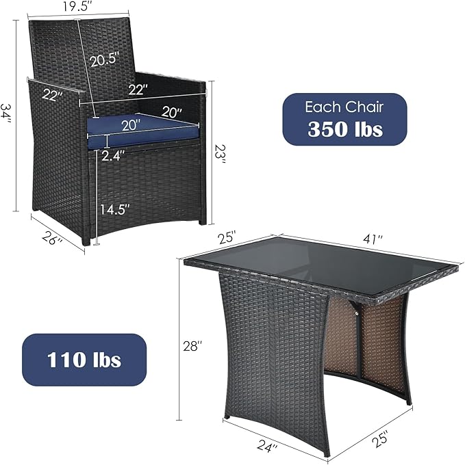 HAPPYGRILL 3 Pieces Outdoor Wicker Bistro Set PE Rattan Dining Table Set with Cushioned Chairs, Patio Conversation Set for Backyard Porch Garden and Poolside