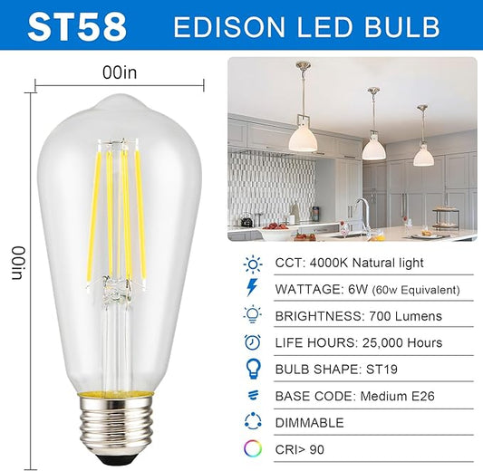 HESSION Vintage LED Edison Bulb, 6-Pack ST58 6W, Equivalent 60W Neutral Natural Light 4000K E26 Medium Base Antique Vintage Style, Clear Glass Filament Edison Light Bulbs with 90+CRI, Dimmable.