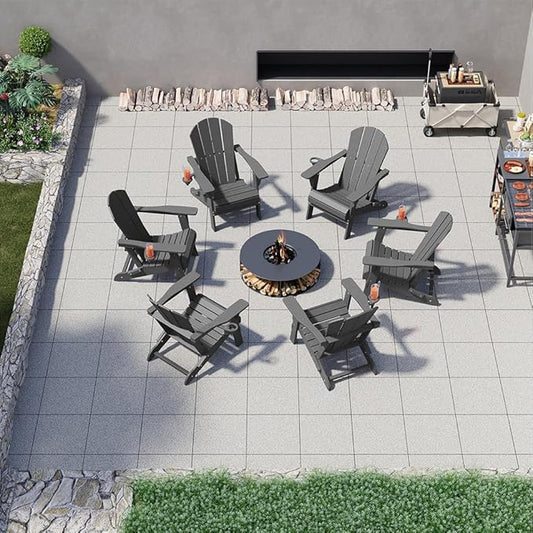 Folding Adirondack Chairs with Cup Holders, Set of 6 HDPE Plastic Outdoor Chairs, Weather Resistant, Real Wood Look, Heavy-Duty Patio Furniture for Deck, Fire Pit, Backyard, Gray