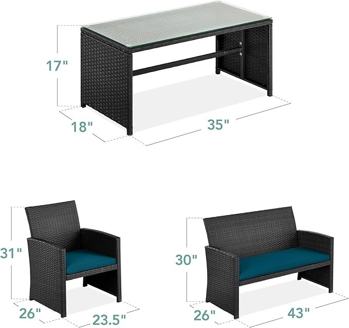Best Choice Products 4-Piece Outdoor Wicker Patio Conversation Furniture Set for Backyard w/Coffee Table, Seat Cushions - Black/Peacock
