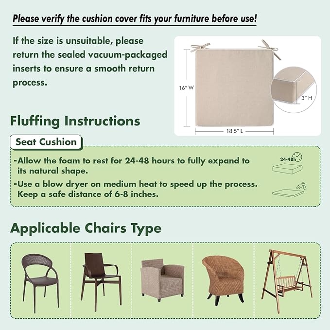 MIULEE Beige Outdoor Chair Cushions Set of 2, 18.5x16x3 Inch Waterproof Patio Seat Cushions for Outdoor Furniture Couch Sofa, 3 Year Color Fastness High Density Foam with Adjustable Ties