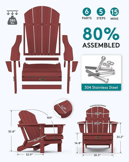 SERWALL Folding Adirondack Chair Set of 6 Weather Resistant for Patio - Red