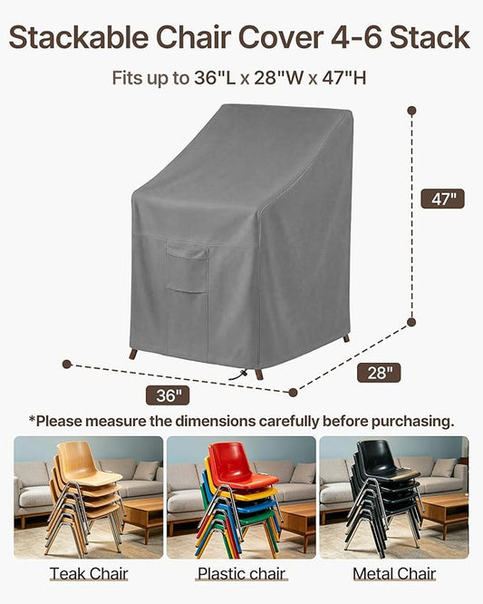 Vailge Stackable Patio Chair Cover,100% Waterproof Outdoor Chair Cover, Heavy Duty Lawn Patio Furniture Covers,Fits for 4-6 Stackable Dining Chairs,2 Pack-36"Lx28"Wx47"H,Grey