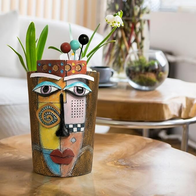Picasso Face Planter Pots Colorful Abstract Art Planters with Facial Expressions Handmade Resin Funny Funky Plant Pots Unique Head Planter for Home Balcony Decor (Small)