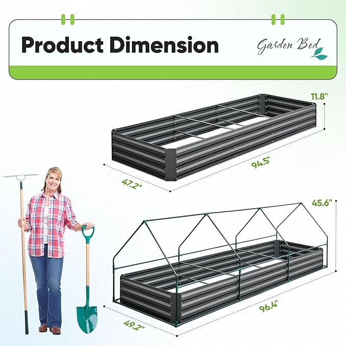 Quictent Raised Garden Bed Galvanized Raised Beds for Gardening Vegetables with Cover 8x4x1 ft Metal Planter Box Outdoor Use (Green)