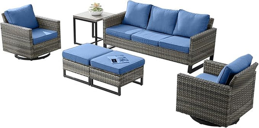 Wicker Outdoor Patio Furniture Set - 6 Piece Patio Conversation Set with 2 Swivel Rocker Chairs,2 Rattan Ottoman,1 Couch and 1 Metal Side Table for Outside Porch Deck Backyard(Mixed Grey/Blue)