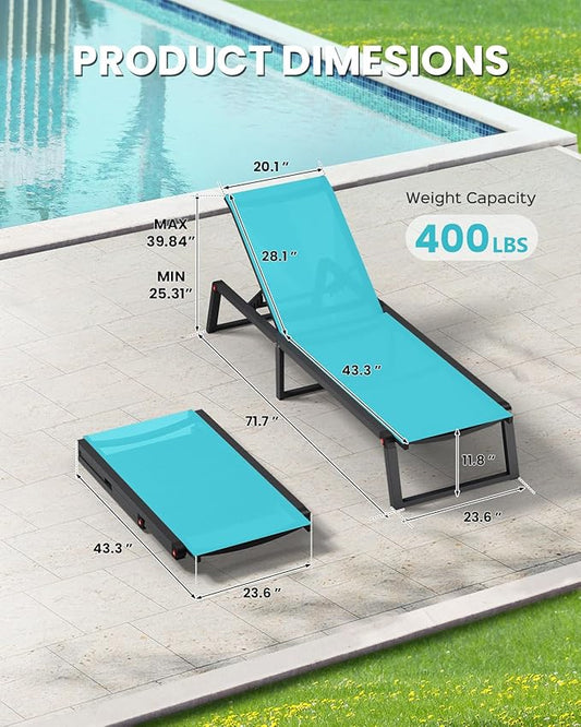 Aluminum Chaise Lounge Chair Outdoor, Foldable& No Assembly Patio Pool Lounge Chairs 5-Position Recliner for Outside, Fully Grounded Legs Sun Lounger for Poolside, Lake Blue