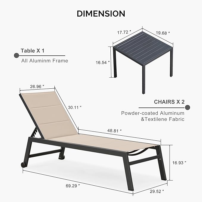 PURPLE LEAF Extra Large Outdoor Chaise Lounge 2 Pieces Aluminum Patio Lounge Chair with Wheels Reclining Chair for Patio Pool Beach Sunbathing Beige Oversized Lounger