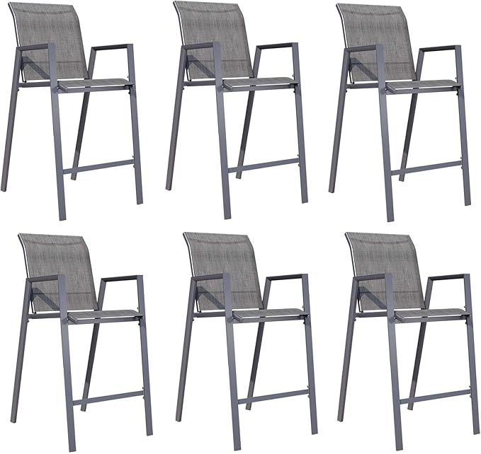 Outdoor Bar Stools Set of 6, 44'' Patio Bar Chairs with Textile High Back, Bar Height Chairs with Straight Armrest and Footrest, Grey