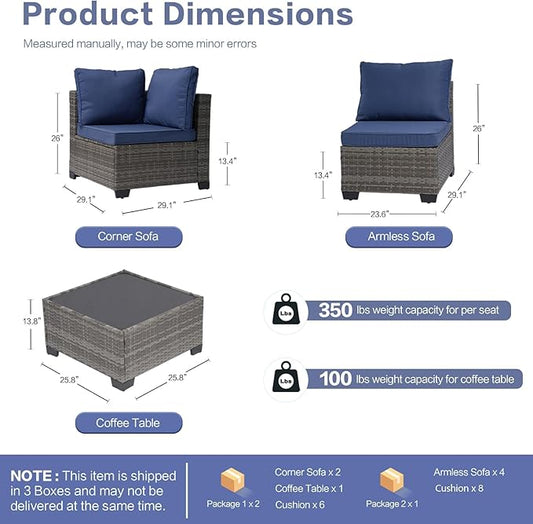 10-Piece Outdoor Sectional Sofa Set, Wicker Patio Furniture with Navy Blue Cushions for Your Villa, Balcony, Porch, Backyard, Grey Rattan