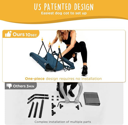 Folding Raised Dog Cot, Large Outdoor Elevated Dog Bed, Cooling Chew Proof Pet Cots Bed, Portable, Heavy Duty Up to 160 lbs, Pet Cot for Camping, Home, Dark Blue, 43"x27"x7"